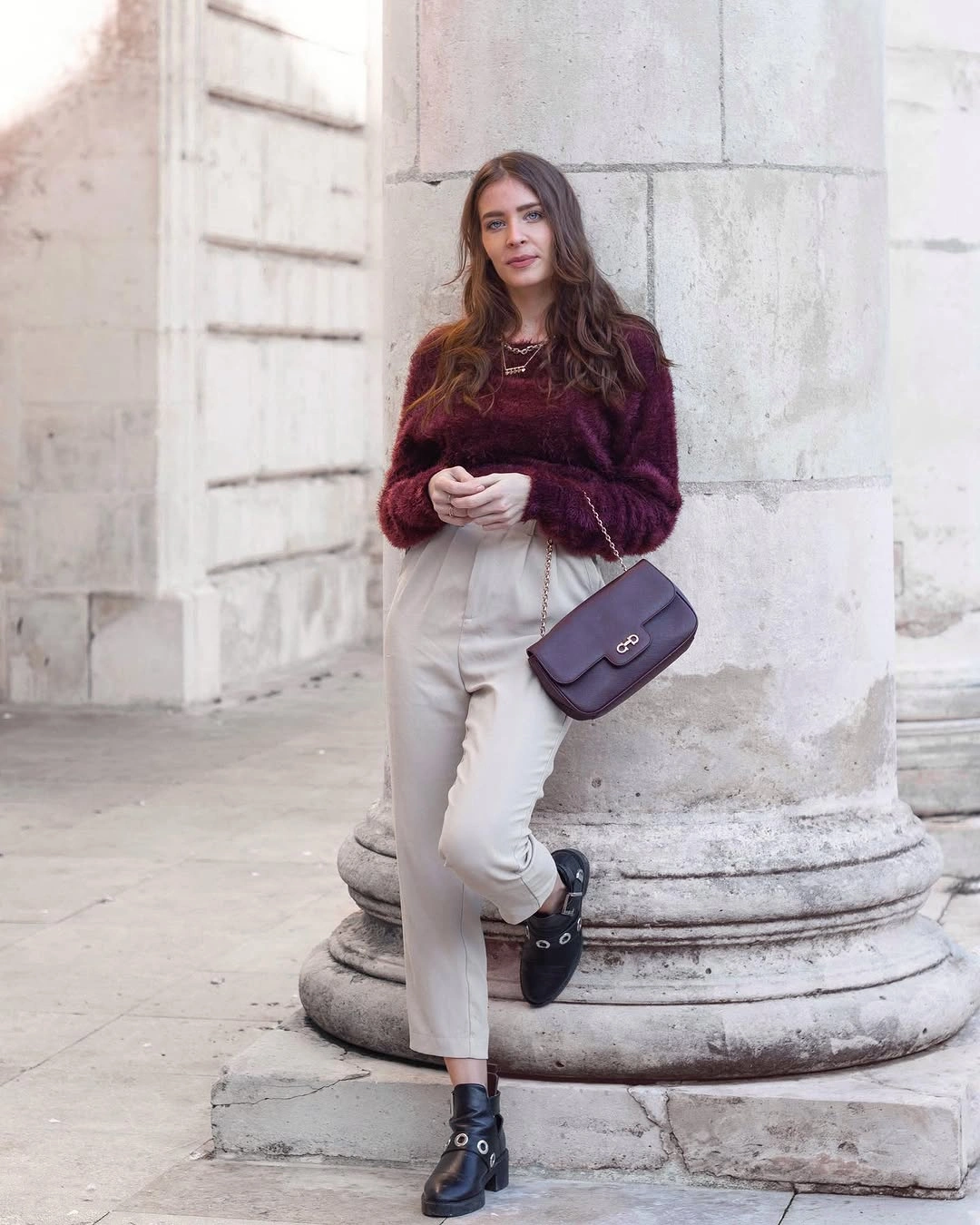 nice fall outfits 2026 Rich Burgundy Knit With Tailored Neutrals for Everyday Sophistication