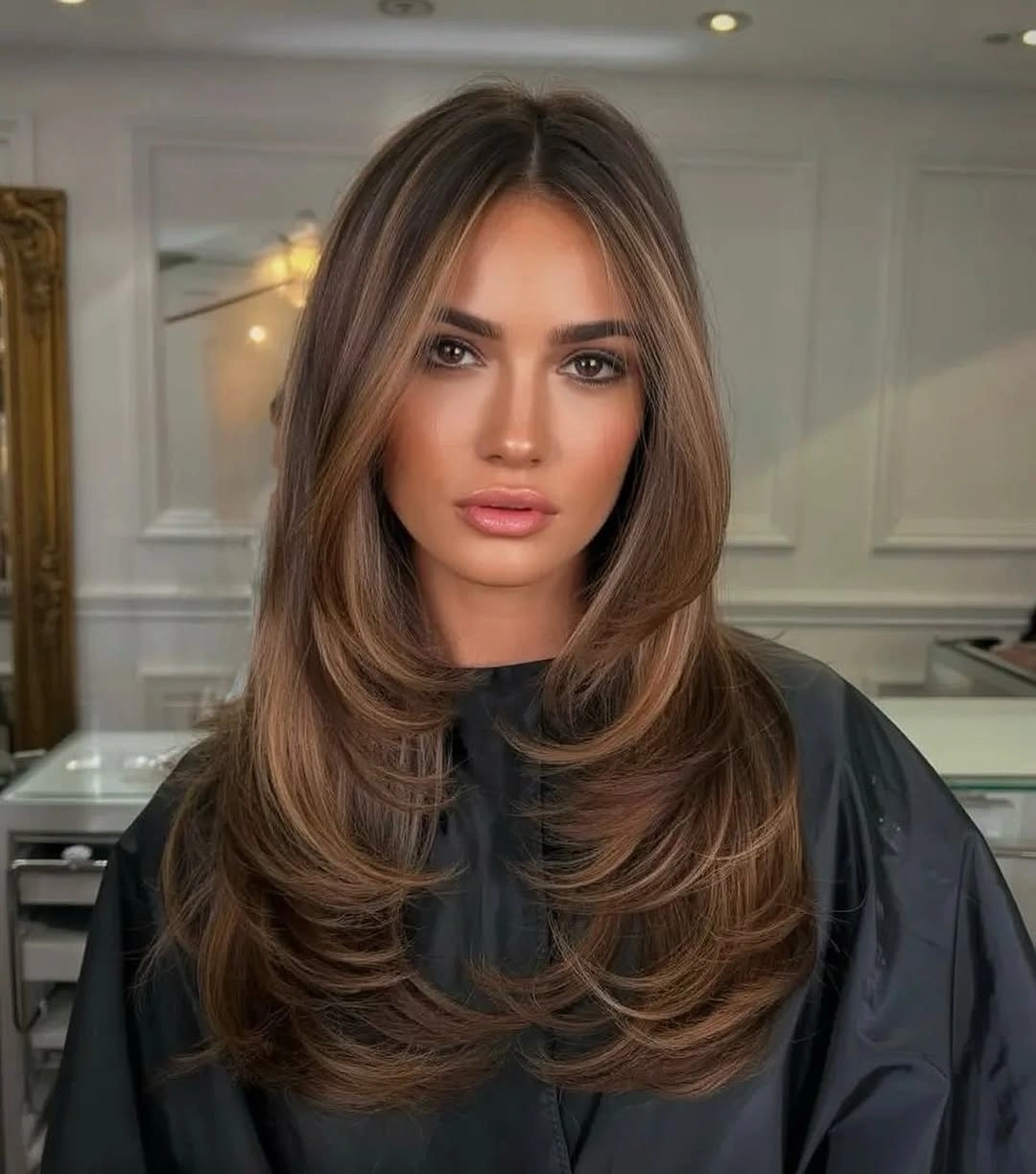 august hairstyles and color ideas 2026 Luxury Mocha Butterfly Layers with Soft Face-Framing Highlights