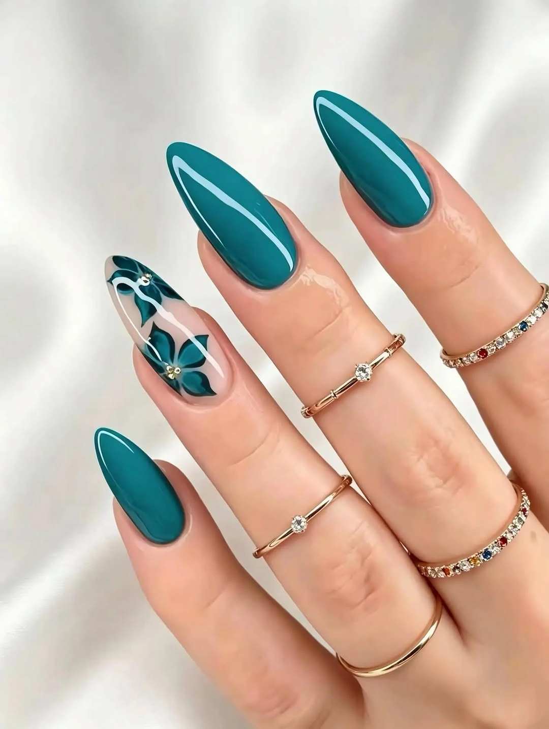 august nails color 2026 Deep Teal Florals with Modern Botanical Energy