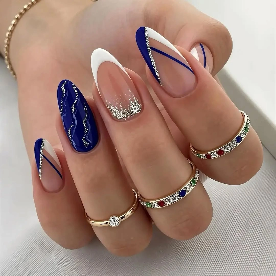 august nails color 2026 Royal Blue French Tips with Contemporary Sparkle