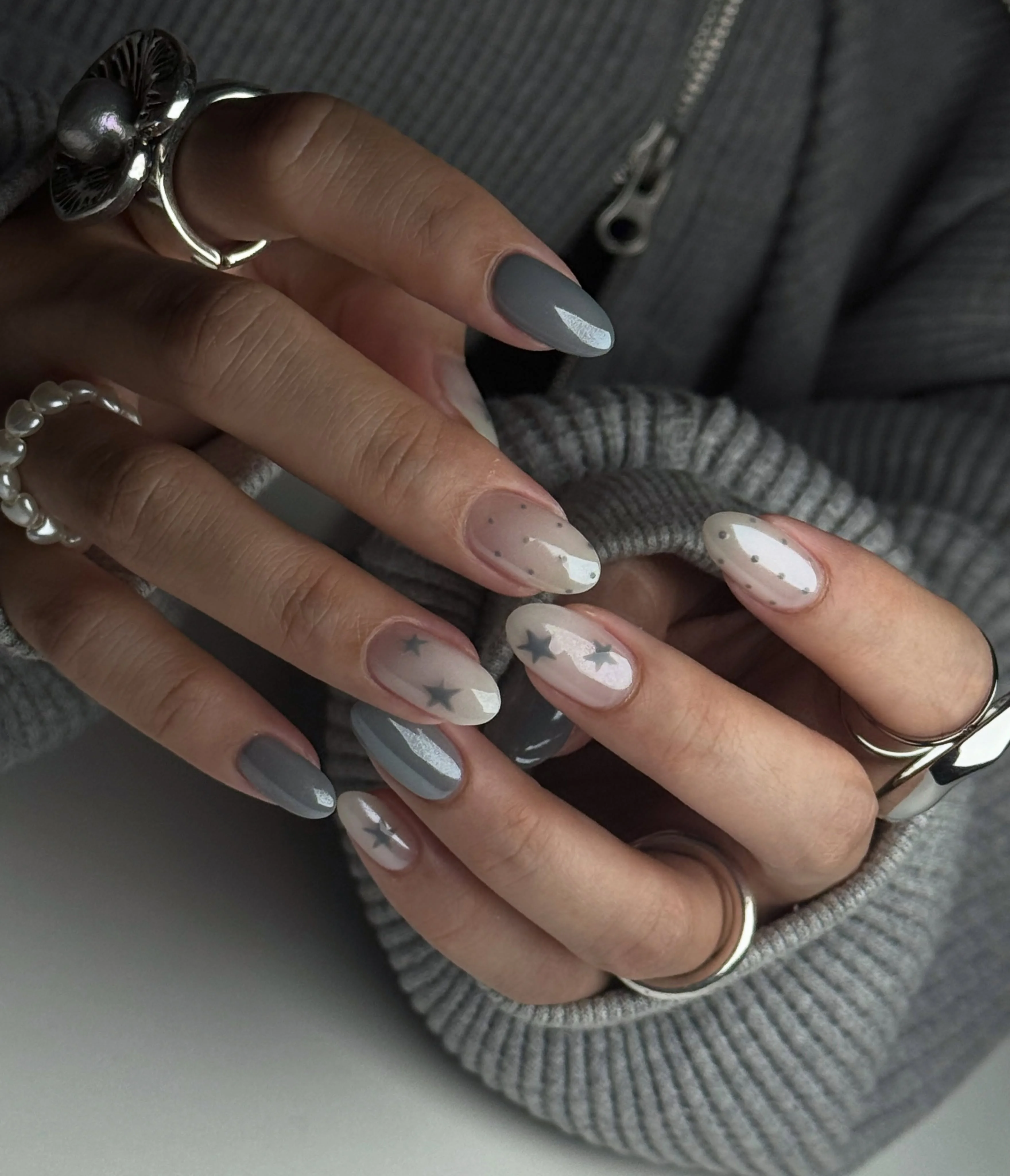 august nails ideas 2026 Soft Gray Celestial Nails for Cozy August Evenings
