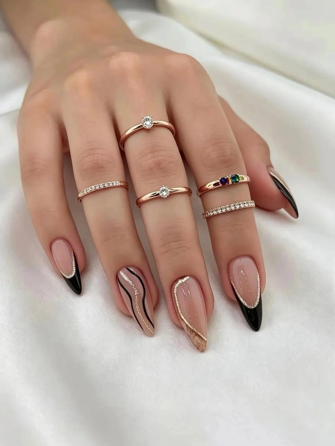 august nails ideas 2026 Black French Elegance with Delicate Gold Lines