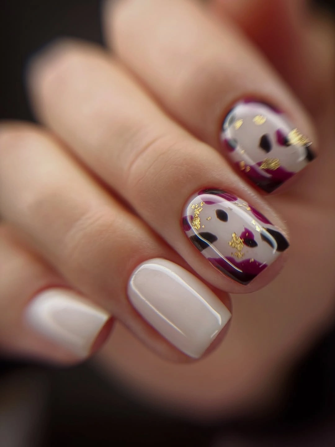 august nails ideas 2026 Minimal White Nails with Abstract Plum Details