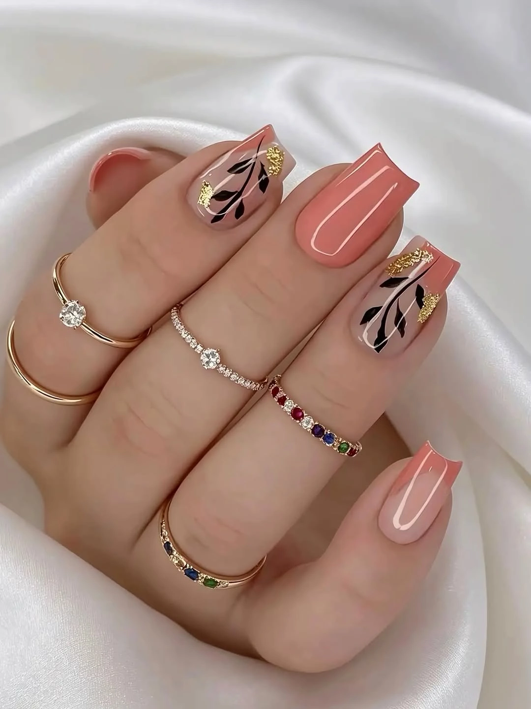 august nails ideas 2026 Blush Botanical Nails with Gold Accents for an Elegant August Finish