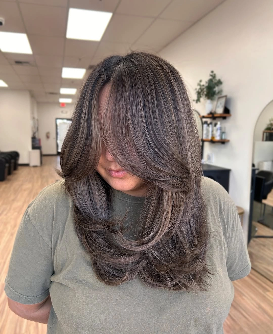 babylights hair ideas Smoky Mushroom Layers with Feathered Curtain Bangs