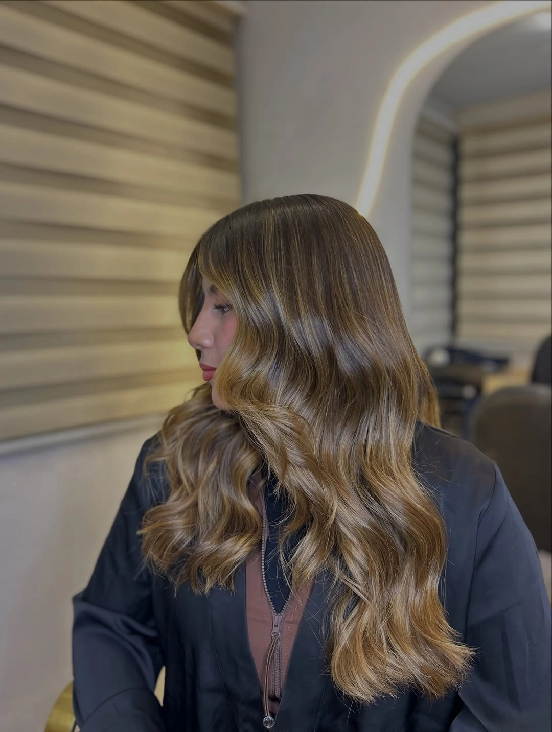 babylights hair ideas Honey Babylights with Soft Curtain Bangs