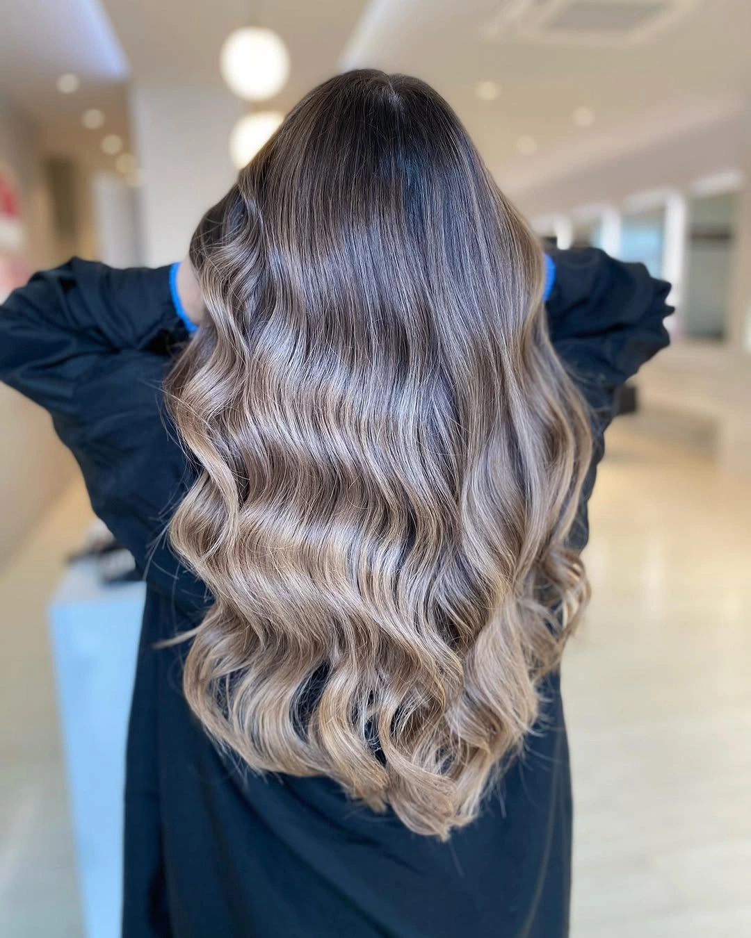 beige blond hair color Dimensional Taupe Beige Waves with Smoky Depth