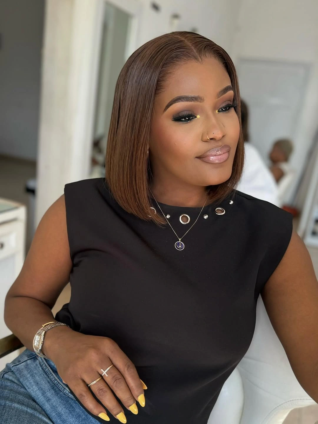 bob hairstyles for black women Warm Brown Straight Bob With a Minimalist Finish