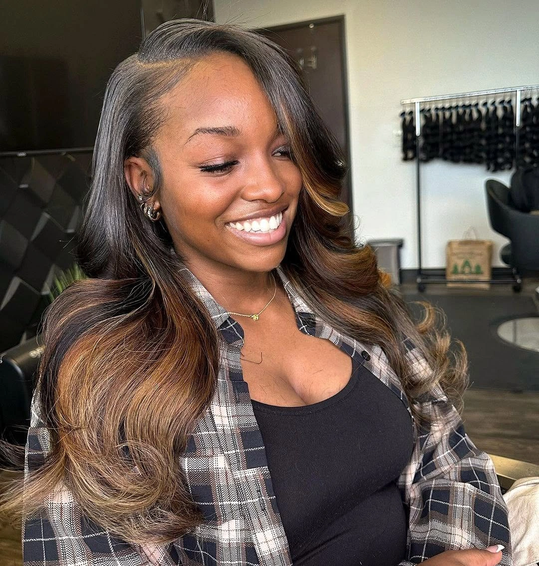 body waves hairstyle Voluminous Side-Part Waves with Dimensional Color