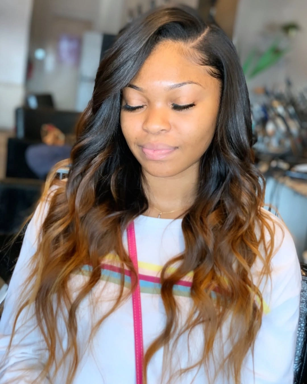 body waves hairstyle Side-Part Ombre Waves with Seamless Dimension
