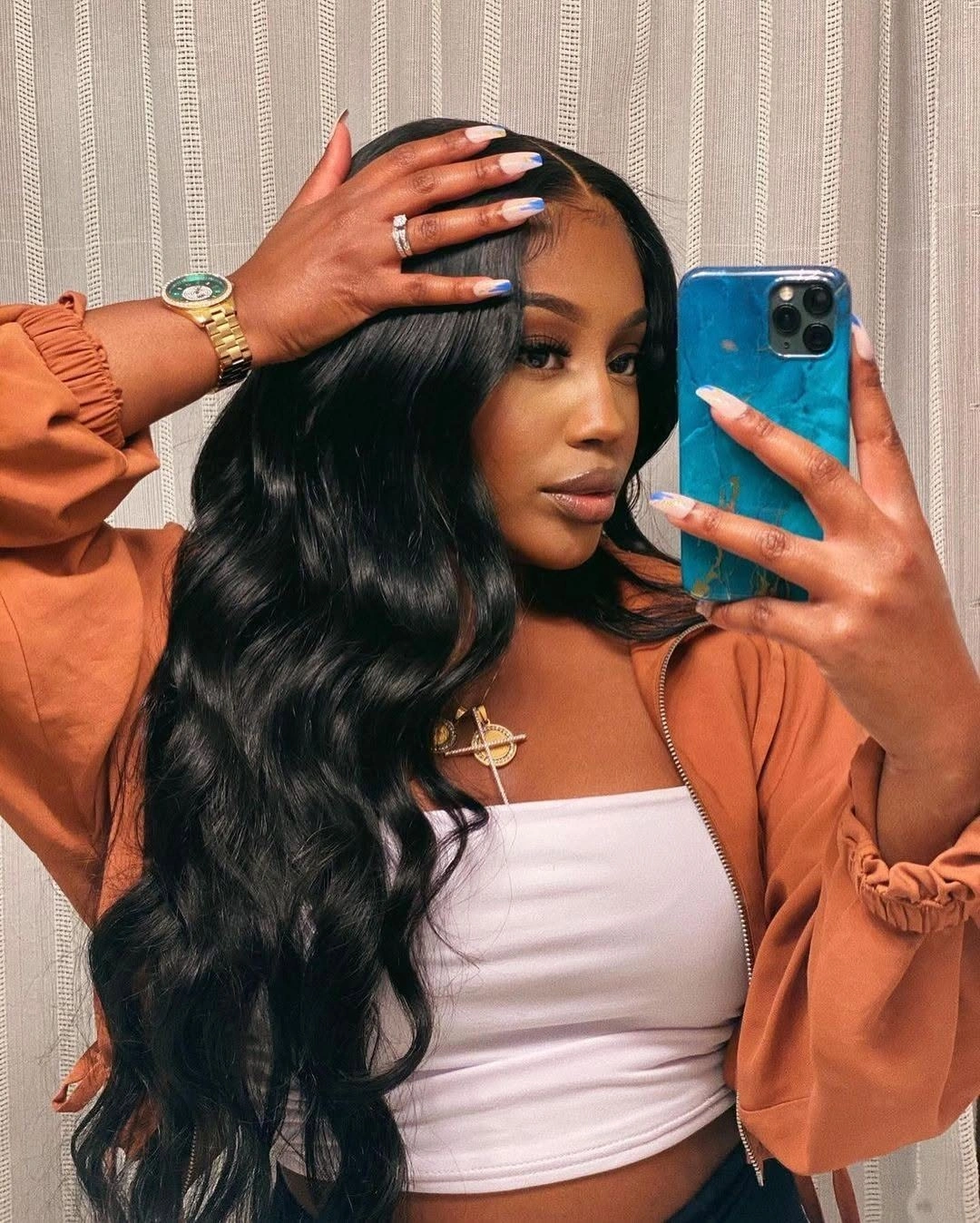 body waves hairstyle Silky Center-Part Body Waves with Glass-Like Shine