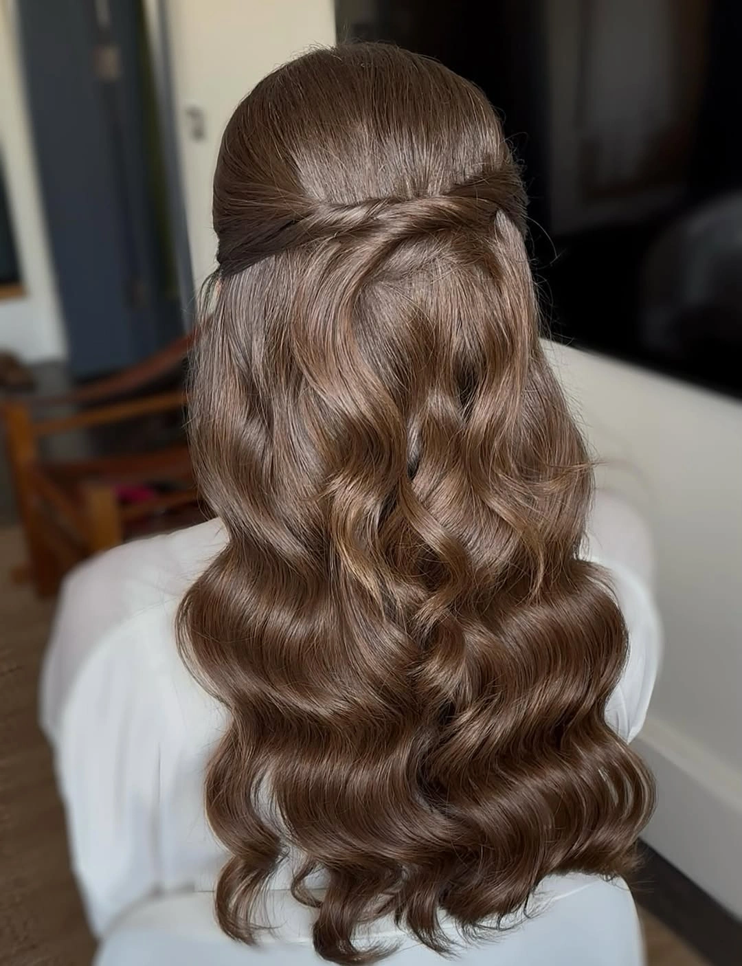 bridesmaid hairstyling Soft Twisted Half-Up Waves with Romantic Texture