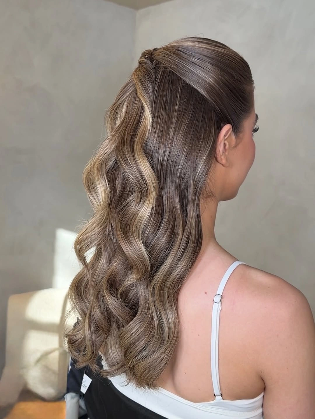 bridesmaid hairstyling Elegant Half-Up Waves with Dimensional Color