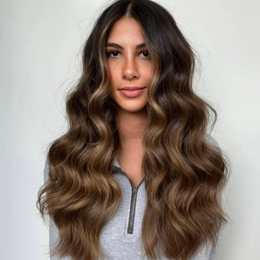 chestnut brown hair color Dimensional Chestnut Balayage With Lived-In Waves