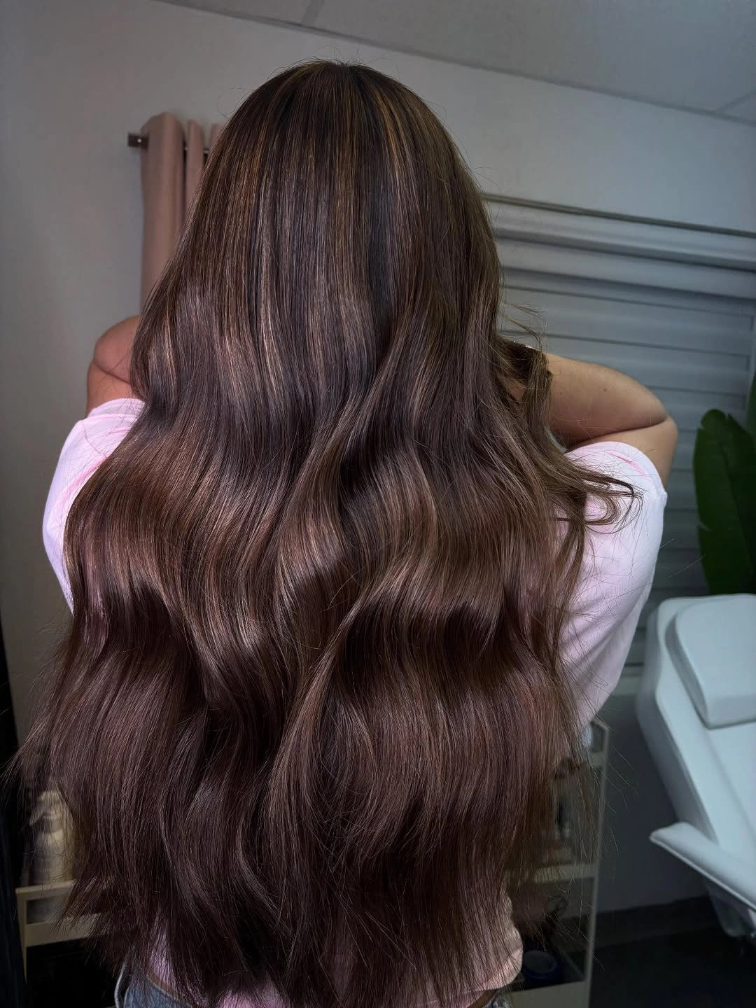chestnut brown hair color Muted Rose Chestnut Waves With A Soft Brunette Finish