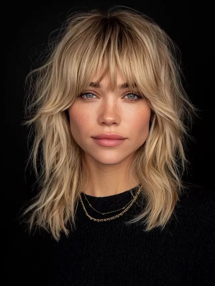 choppy medium layered hair Soft Choppy Layers With Airy Curtain Bangs