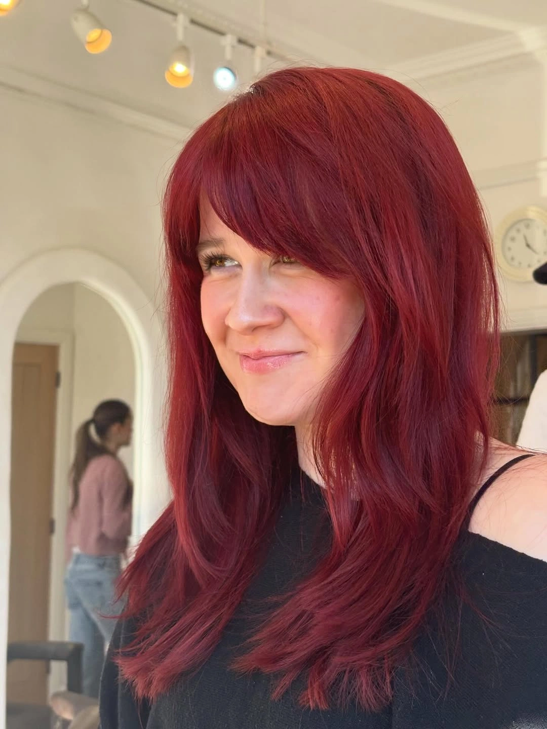 choppy medium layered hair Rich Cherry Red Layers With Modern Soft Shag Texture