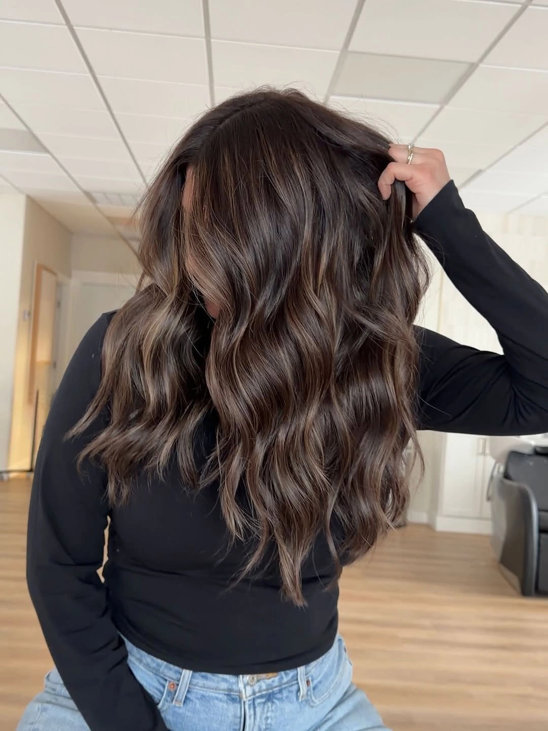 dimensional brunette hair color Soft Neutral Brunette With Sleek Layered Finish