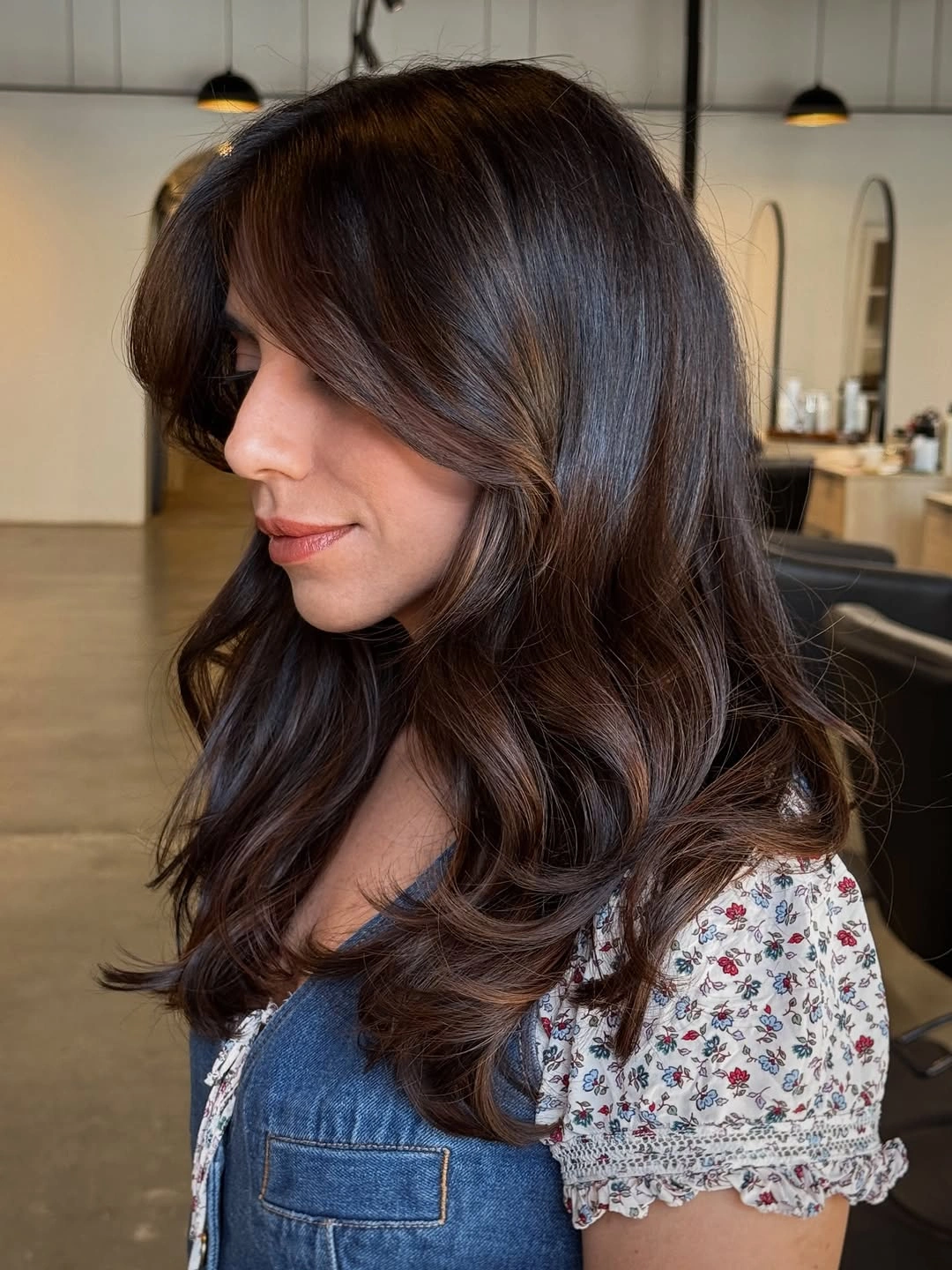 dimensional brunette hair color Deep Brunette Waves With Glossy Dimension
