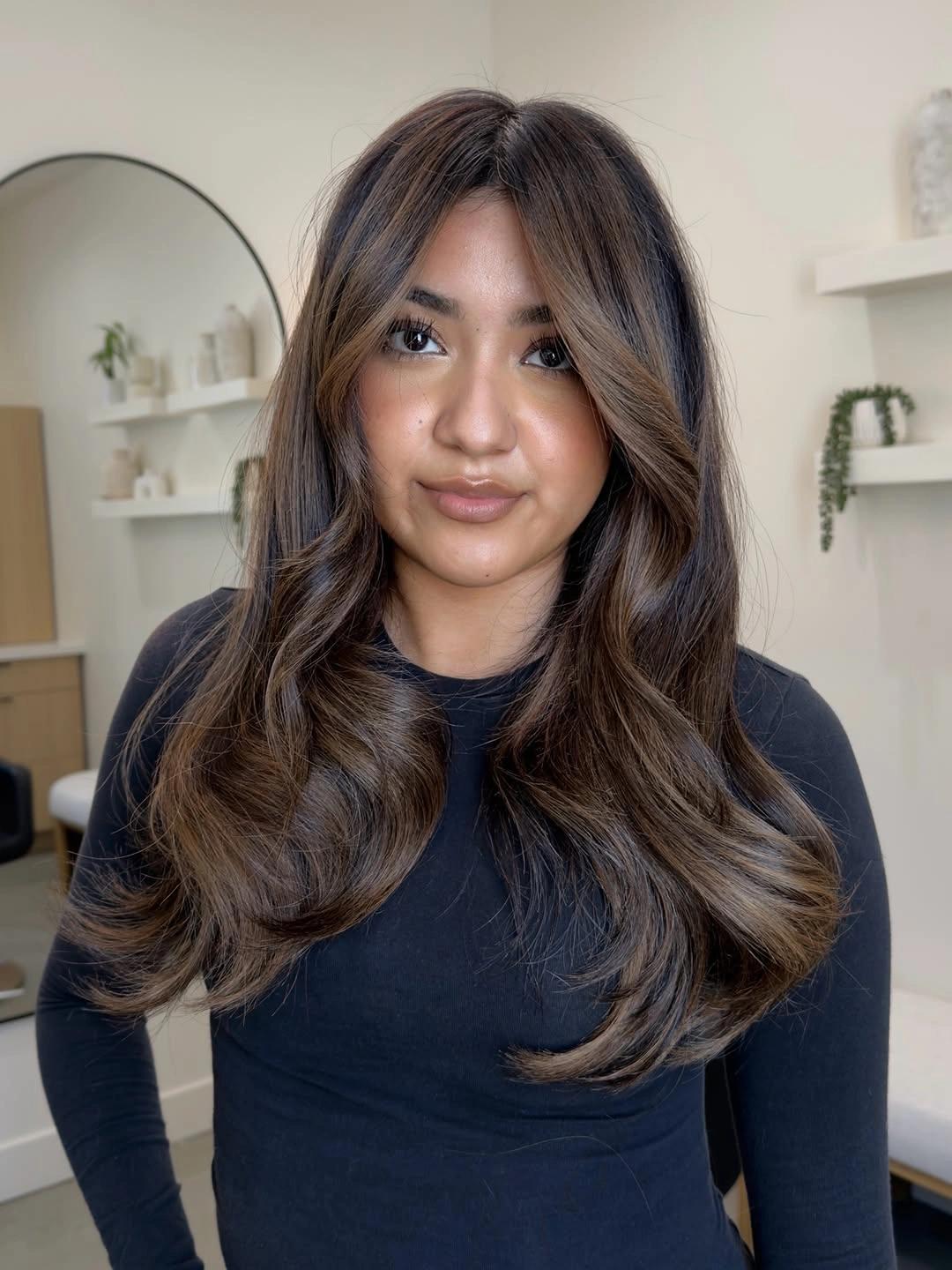 dimensional brunette hair color Soft Medium Brunette With Face Framing Layers