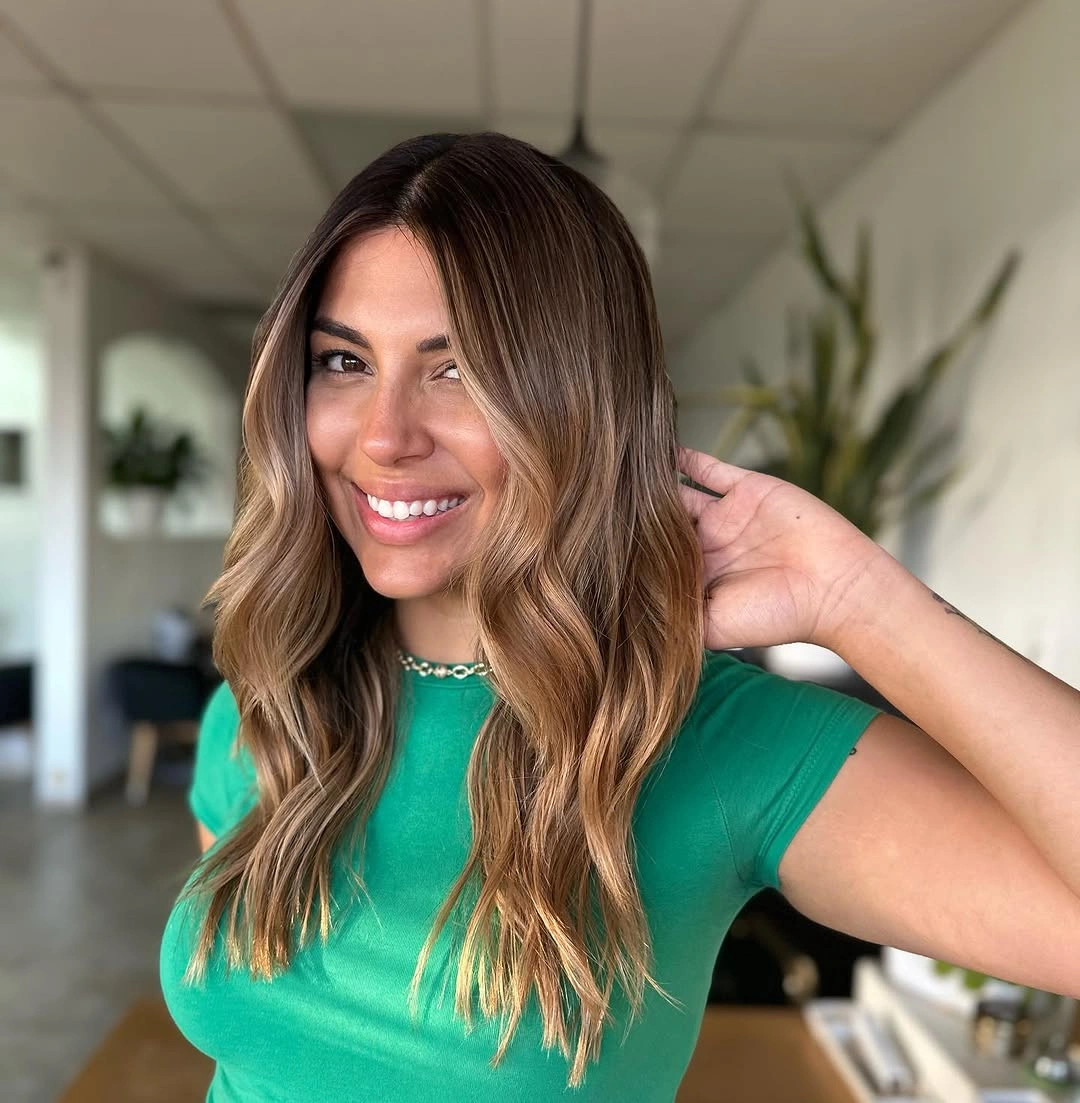dimensional brunette hair color Honey Brunette Waves With Face Framing Highlights