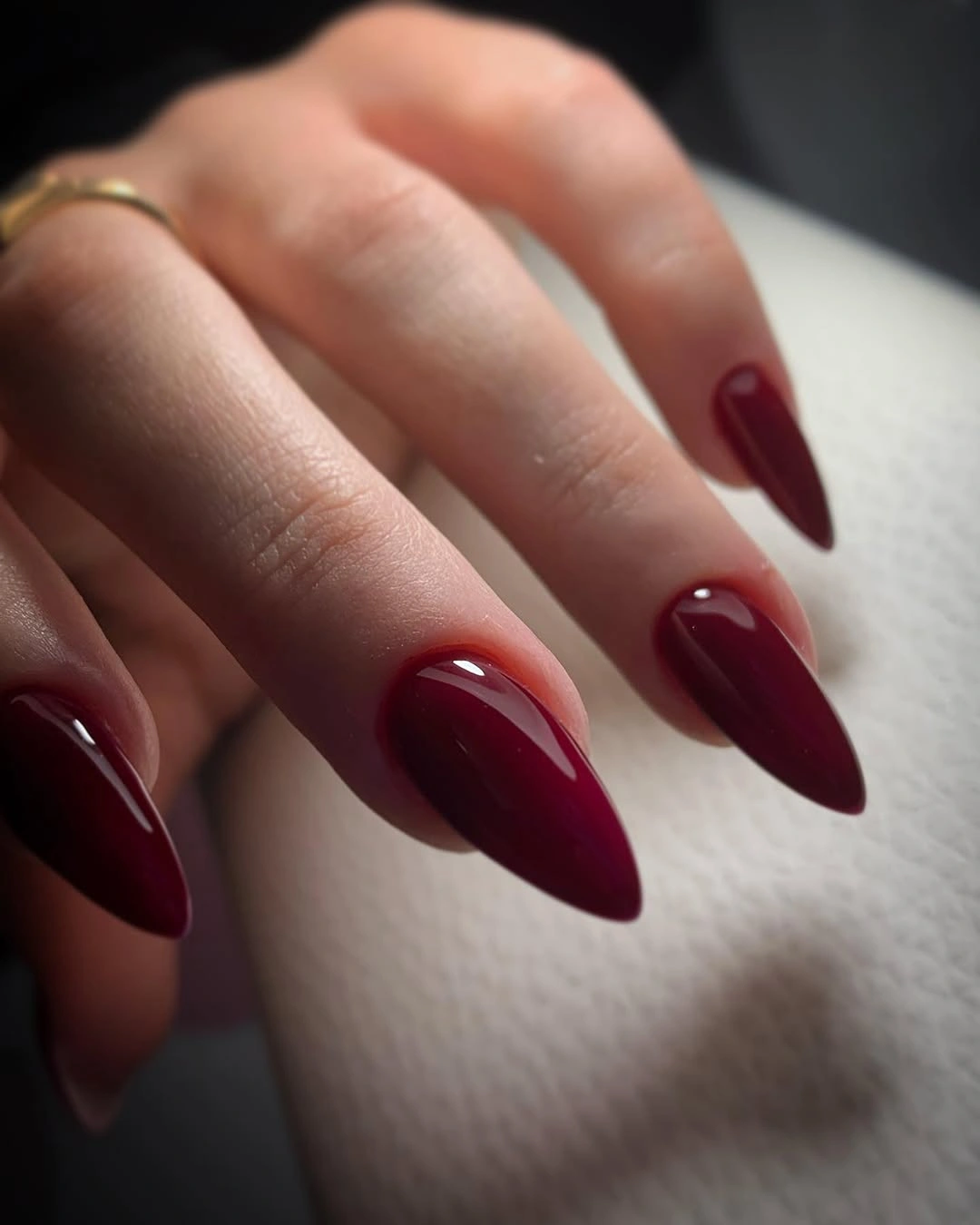 wine almond nails with rounded glossy tips