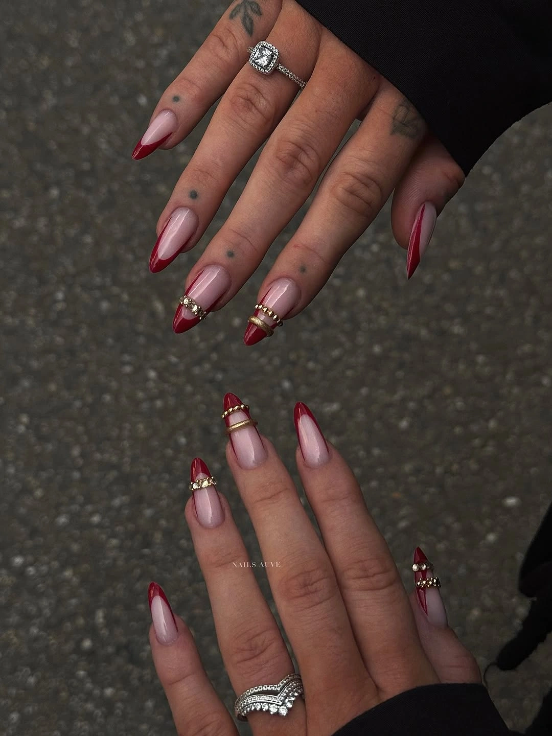 red French almond nails with gold accents
