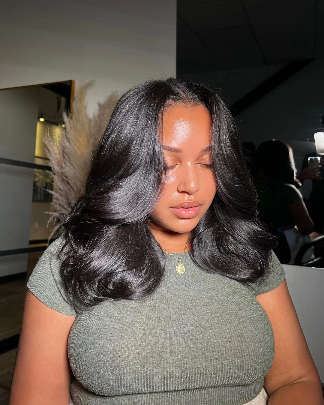 fall hair colors for black women 2026 Glossy Mocha Black with Soft Bounce