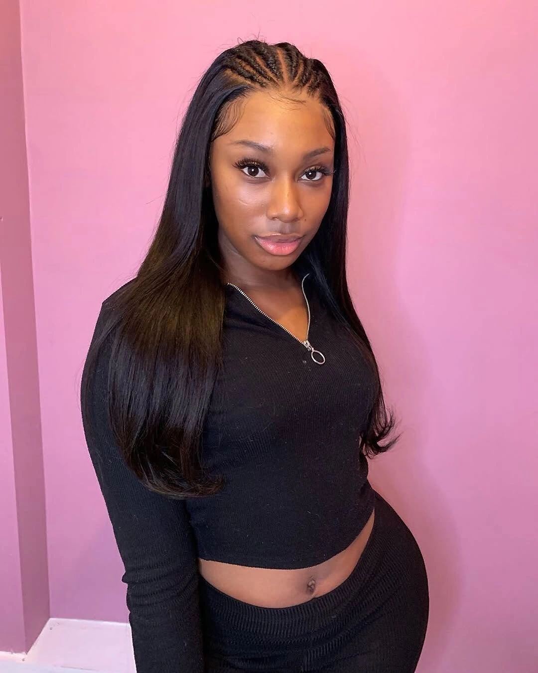 fall hair colors for black women 2026 Jet Black Sleek Hair with Delicate Cornrow Detail