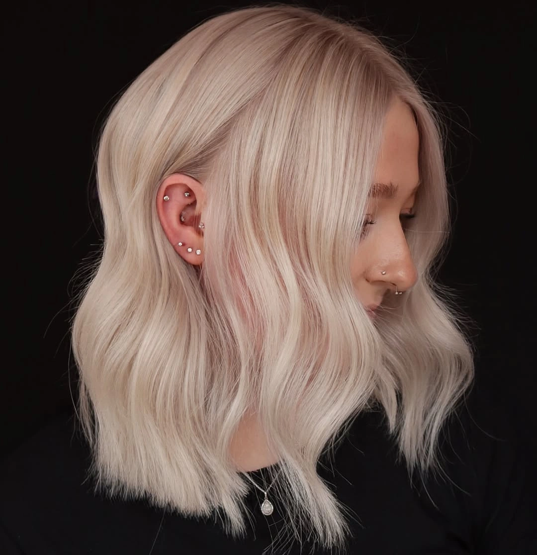 fall hair colour ideas 2026 Soft Vanilla Blonde With Whisper-Pink Dimension