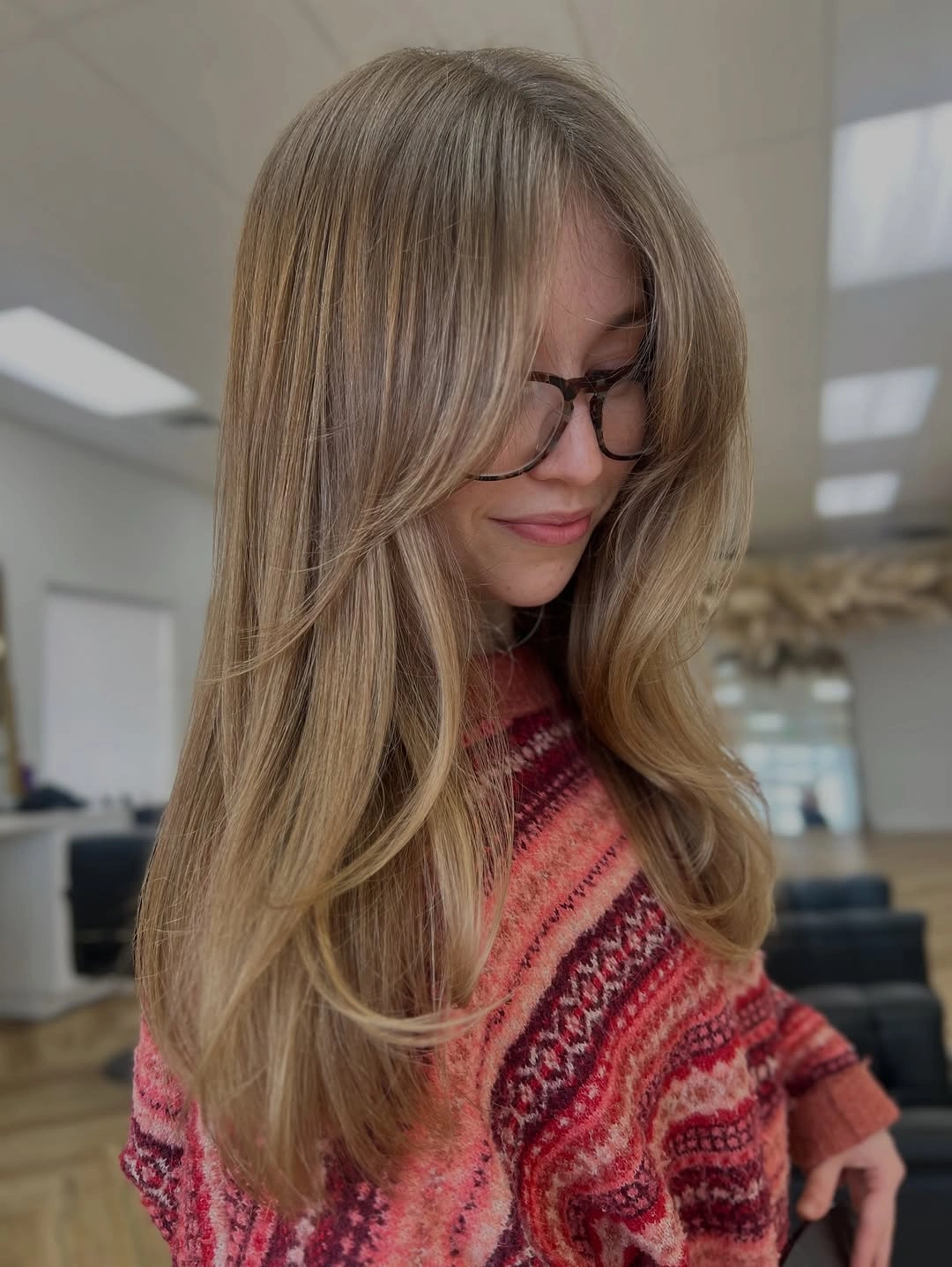 fall haircuts for women 2026 Butter Beige Layers with Classic Curtain Bangs