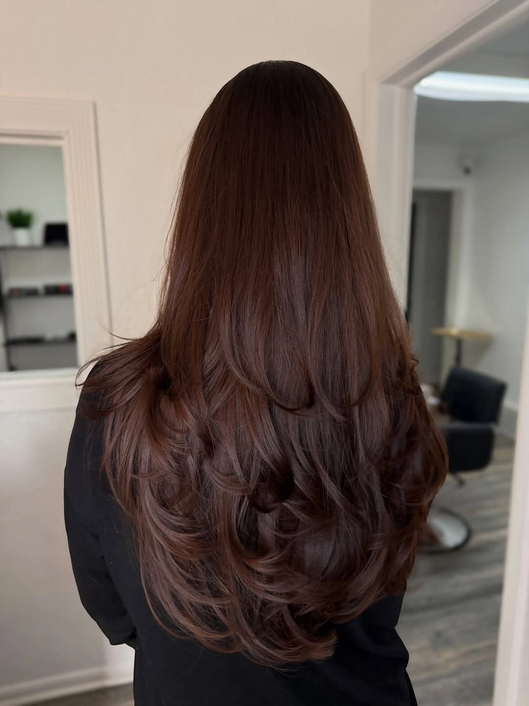 fall hairstyles for long hair 2026 Long Layered Blowout With Rich Espresso Shine