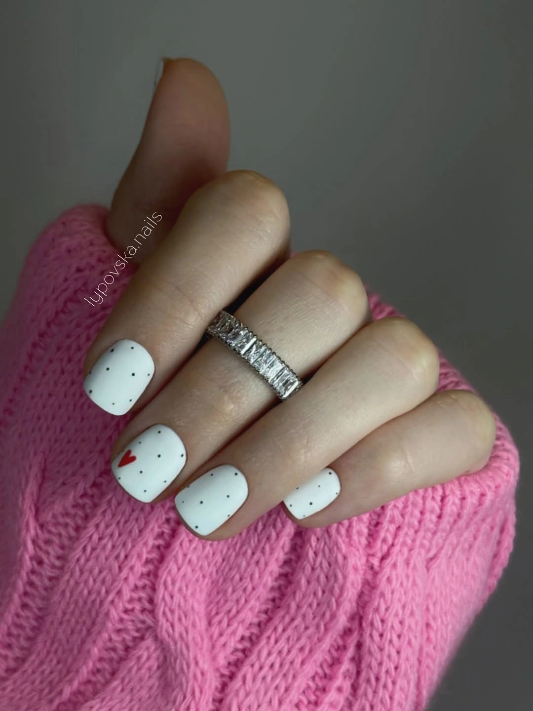 Fall manicure 2026 White Short Nails With Tiny Red and Black Dots