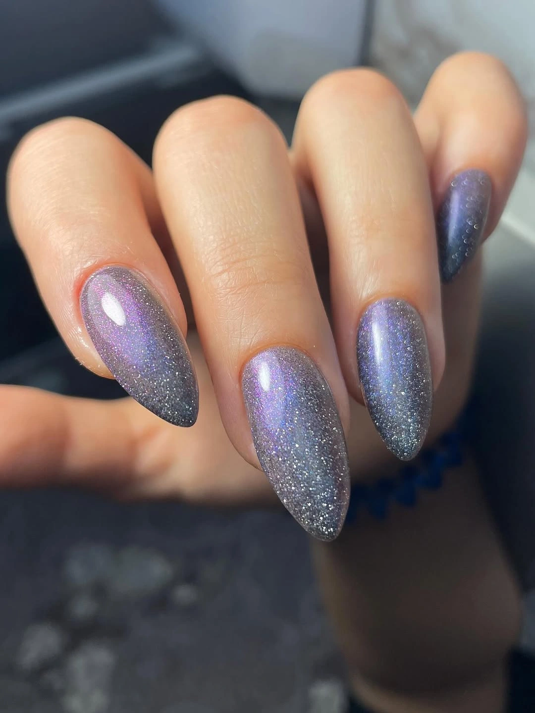 Fall manicure 2026 Lilac Silver Shimmer Nails With Almond Tips