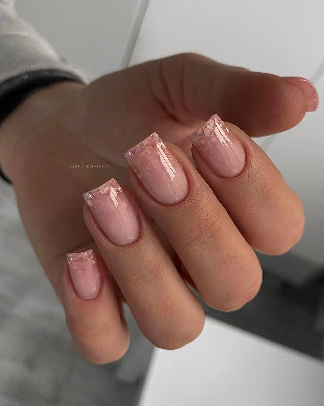 blush square nails with crushed pink shimmering tips