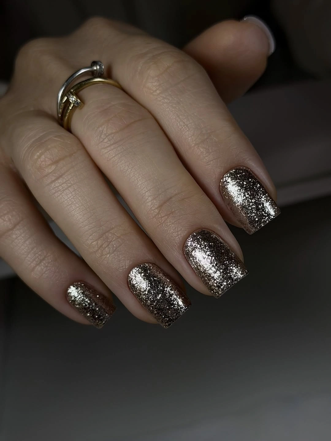 bronze glitter medium square nails with full sparkle coverage