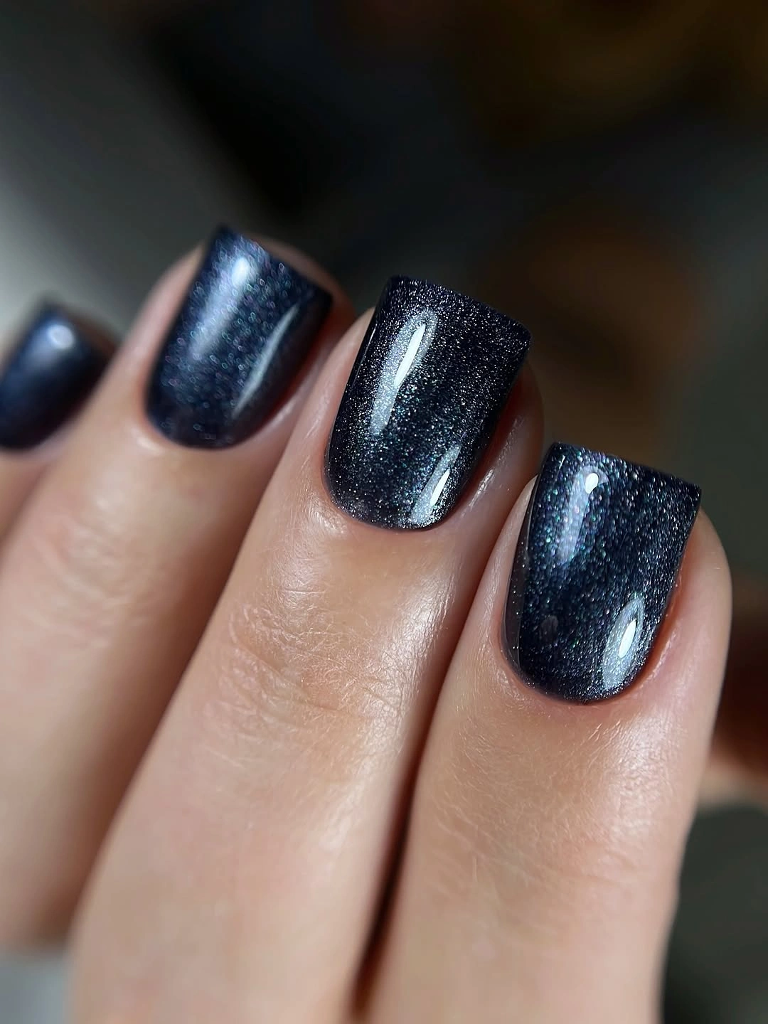 midnight black square nails with fine blue sparkle