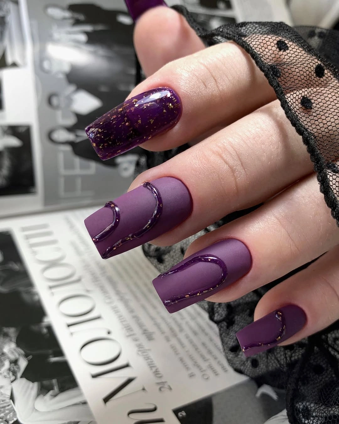 Fall nail art 2026 Purple Square Nails With Glitter and Line Details