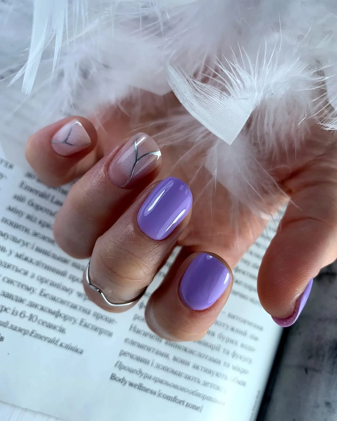 Fall nail art 2026 Purple and White Nails With Fine Black Lines