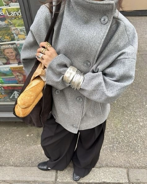 fall outfits with peacoat Grey Oversized Peacoat With Relaxed Street Style