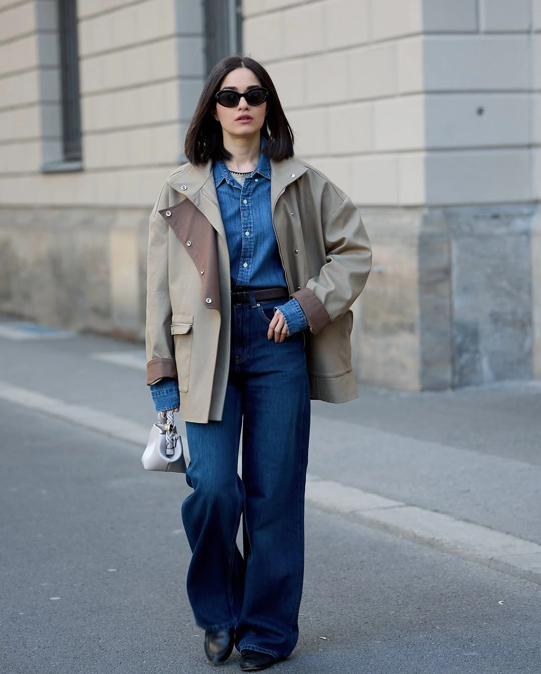 fall outfits with peacoat Oversized Peacoat With Double Denim Layers