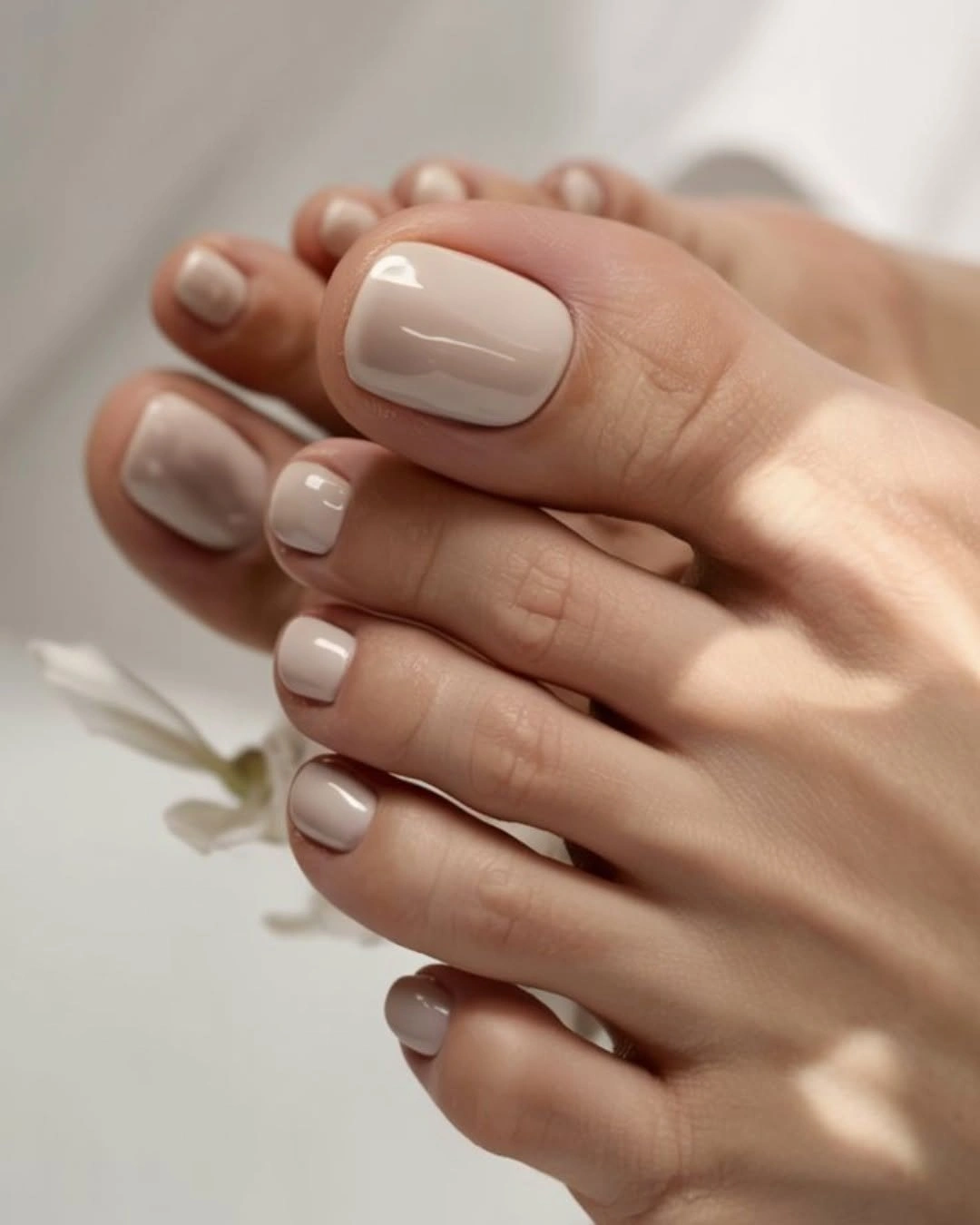 warm greige polish on clean square toenails