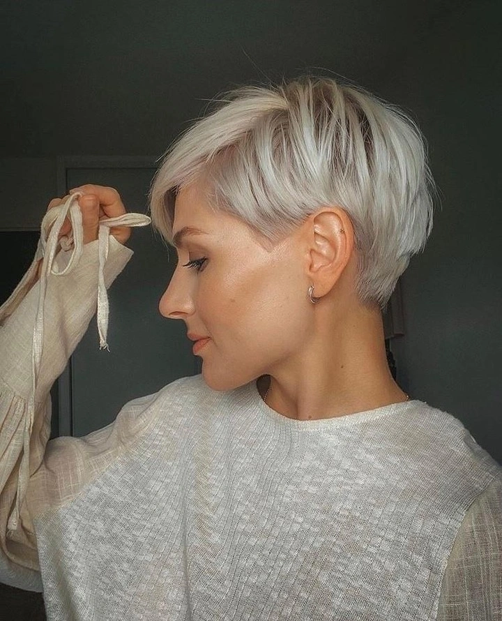 fall pixie haircut ideas 2026 Silvery White Pixie with Feathered Elegance