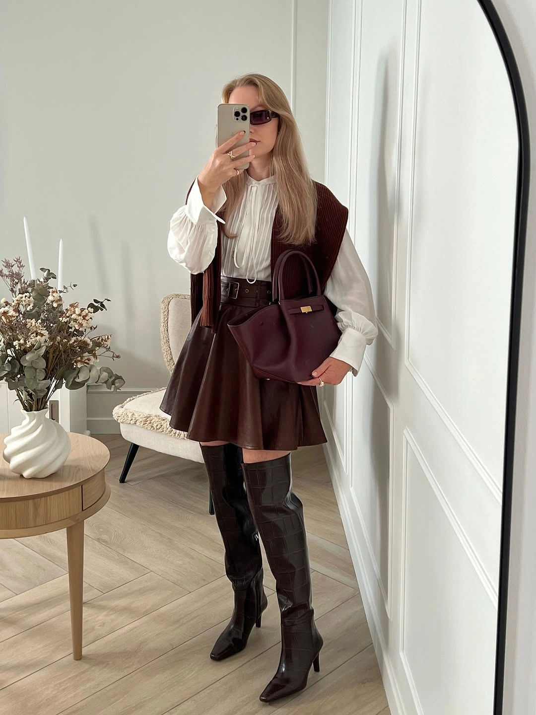 fall professional outfits women 2026 Chocolate Leather and a Feminine Skirt for Creative Office Days