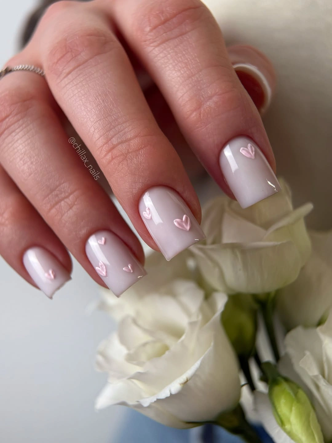 Fall short nails 2026 Milky French Short Nails With Tiny White Hearts