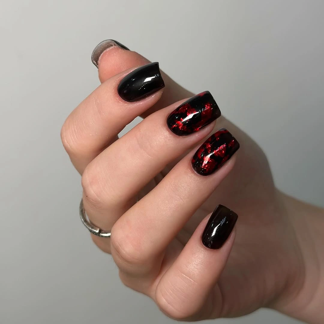 Fall short nails 2026 Black Short Nails With Red Glitter Accent Panels