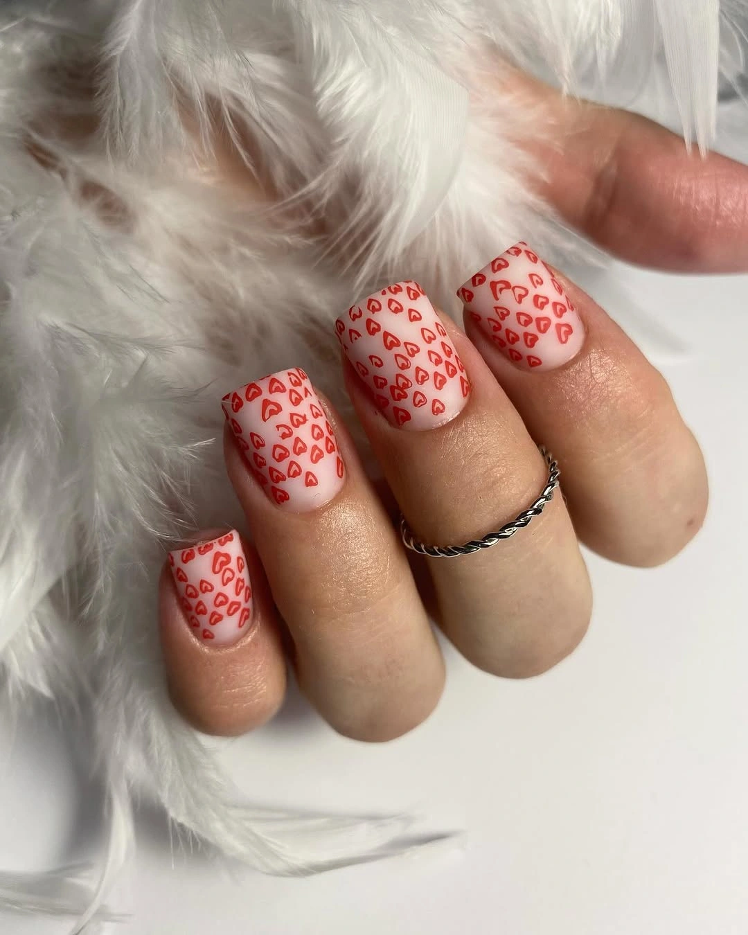 Fall short nails 2026 White Short Nails With Tiny Red Heart Print