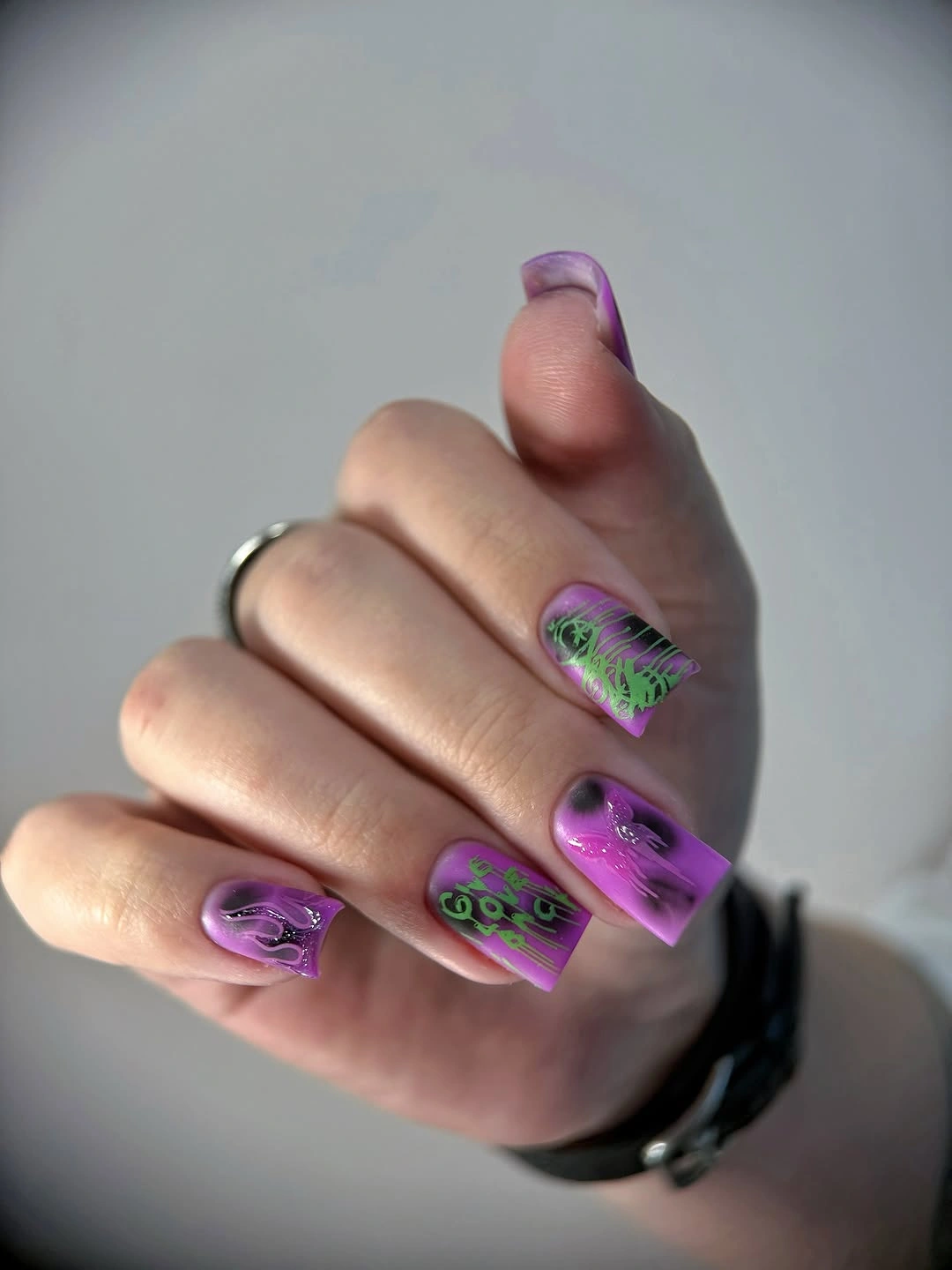 Fall short nails 2026 Purple Short Nails With Graphic Green Accent Art