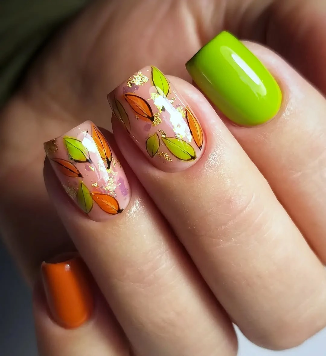 Fall short nails 2026 Lime and Orange Short Nails With Leaf Art