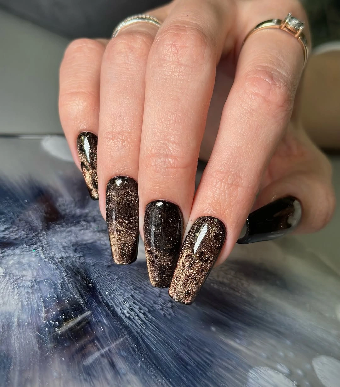 Fall short nails 2026 Black Short Nails With Gold Glitter Gradient